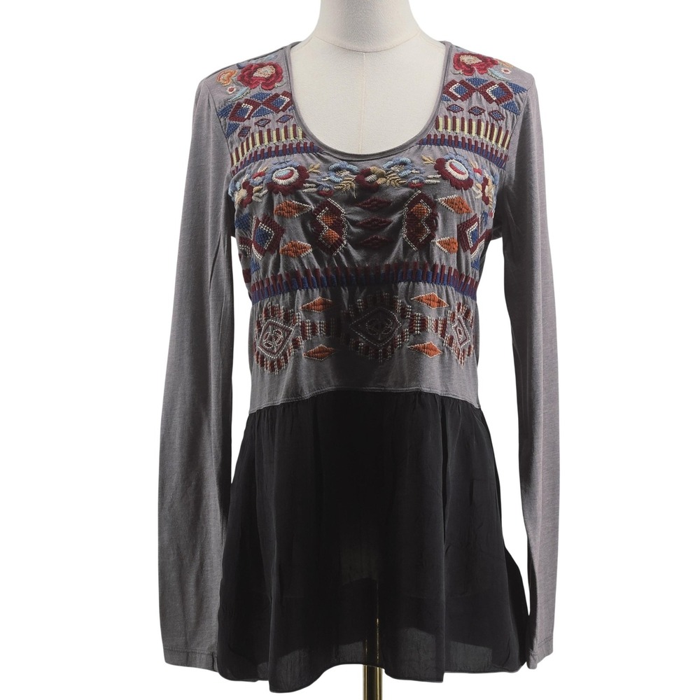 JW Los Angeles Shirt Womens S/M‎ Tunic Scoop Neck Embroidered Sheer Lightweight